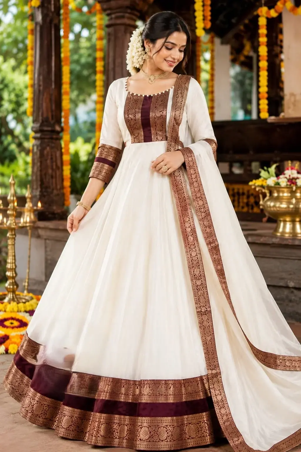 Off-White Royal Elegance Full-Stitched Anarkali Onam Style Gown